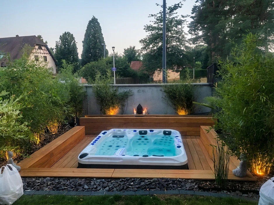 Jacuzzi extérieur encastré dans une terrasse en bois exotique (ipé), entouré de bambous et d'éclairages d'ambiance LED au sol