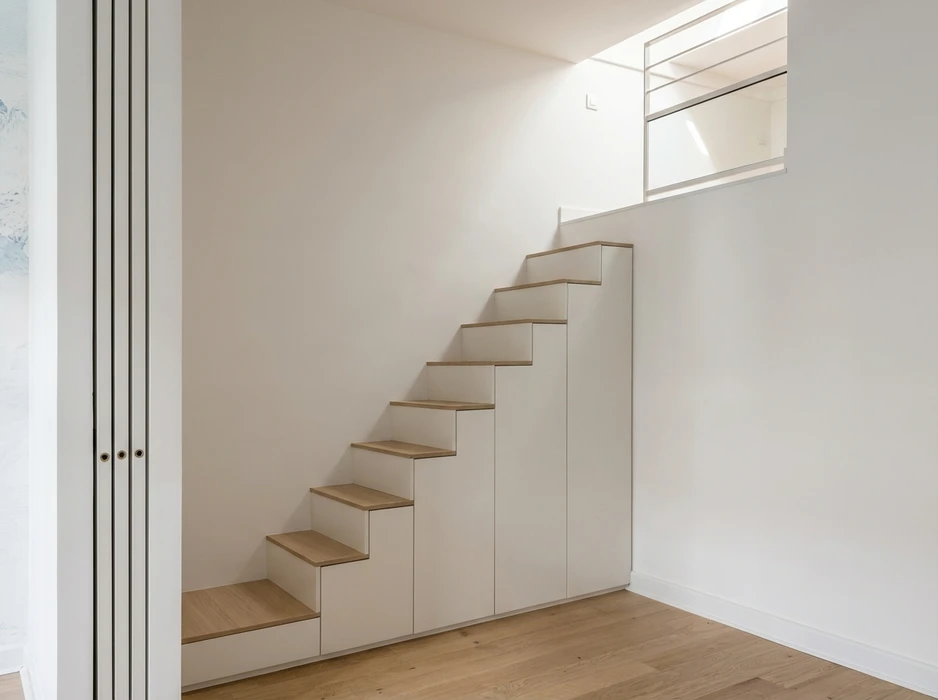 Escalier intérieur minimaliste en caisson blanc laqué mat avec marches en chêne clair