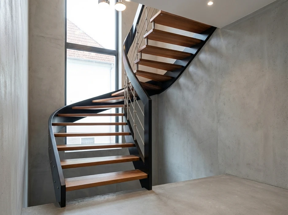Escalier hélicoïdal intérieur en colimaçon, structure métallique noire courbée type limon central, marches en bois massif teinte noyer sans contremarches, garde-corps à barres horizontales en acier inoxydable