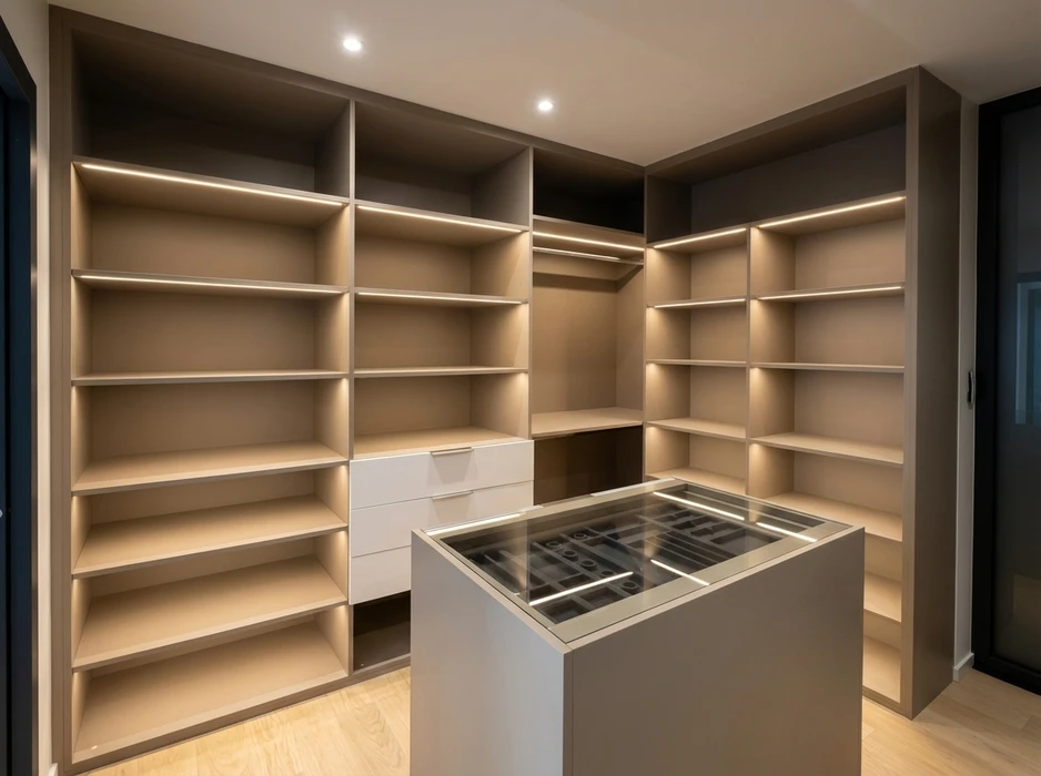 Dressing-room sur-mesure vide, configuration en L