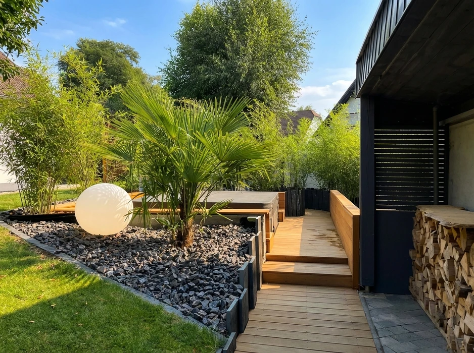 Terrasse extérieure moderne en bois composite IPE avec escalier intégré, bordée de jardinières en acier Corten noir