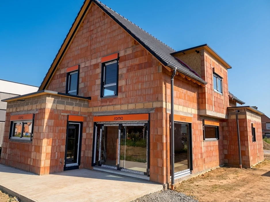 Maison individuelle en cours de construction, extérieur, vue de façade