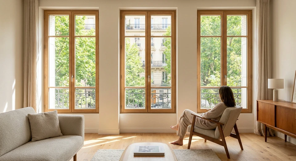 Intérieur d'un salon lumineux et moderne où le soleil entre généreusement par de grandes fenêtres récemment installées. On peut voir une personne assise confortablement qui profite de la lumière naturelle, regardant vers l'extérieur. La composition doit mettre en avant la clarté, la luminosité accrue, l'ouverture sur l'extérieur et le sentiment de bien-être et de confort apporté par les fenêtres modernes. Éviter tout texte, logo ou élément de décoration marqué.