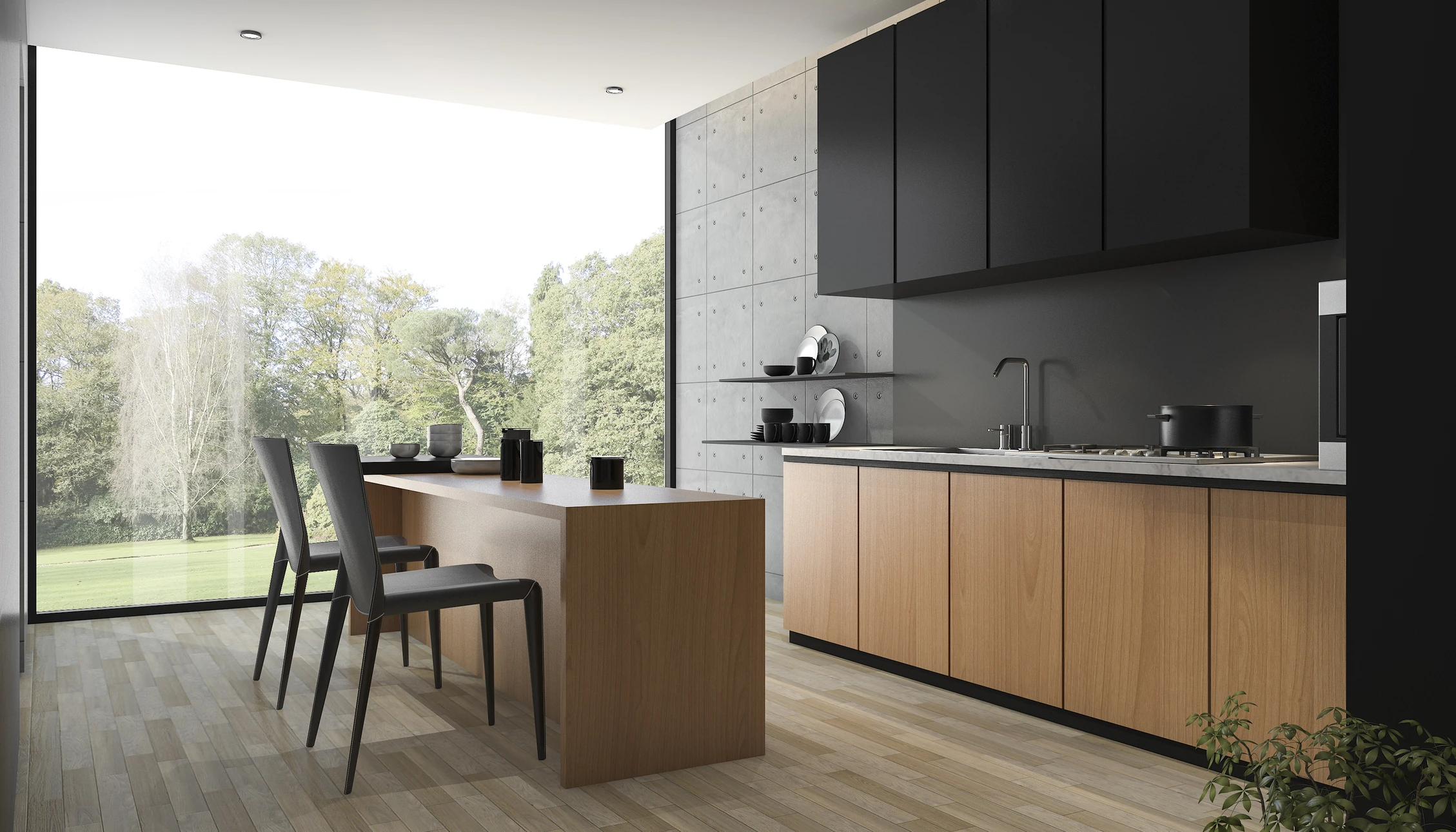 Cuisine moderne avec îlot central en bois massif, plan de travail intégrant plaque de cuisson gaz