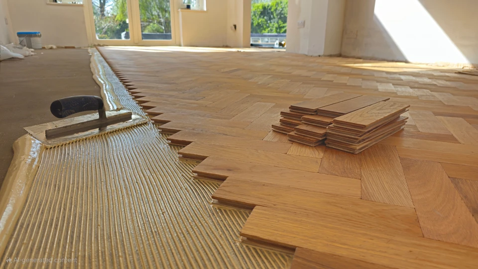 Motif de parquet en chevrons disposé en quatre panneaux rectangulaires séparés par des baguettes de bois